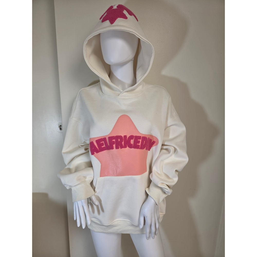 Aelfric Eden Star Graphic Chenille Hoodie Cream Pink Y2K Oversized Sweatshirt S‎